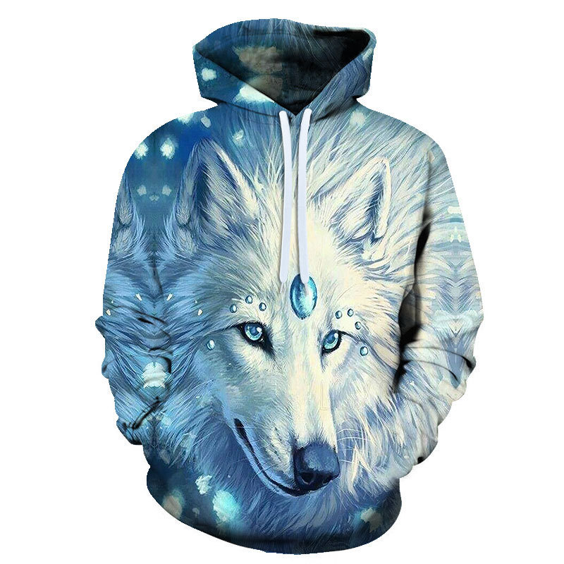 Cross-border Foreign Trade Spring and Autumn European and American Animal Wolf 3D Digital Printing Men's and Women's Loose Sports Hoodie Sweater