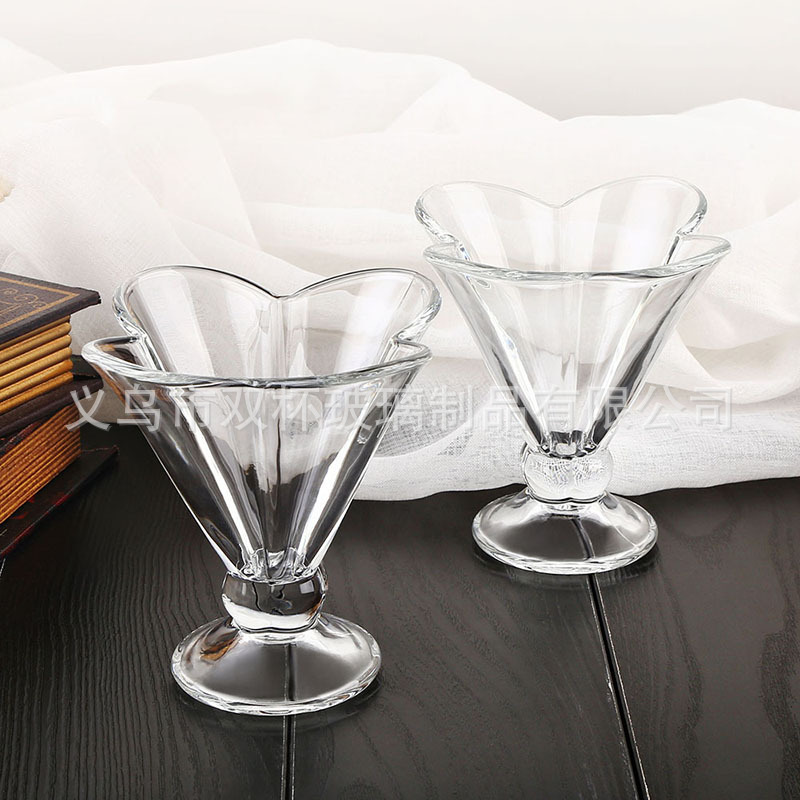 透明四叶草玻璃高脚冰淇淋杯甜点杯心形雪糕杯家用热饮冷饮果汁杯