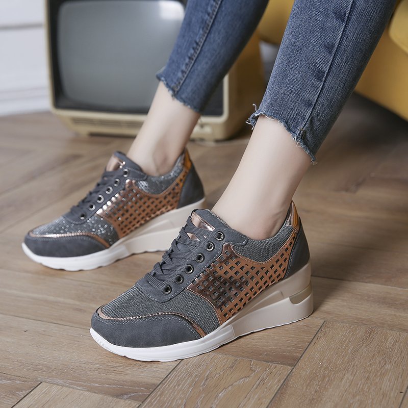Cross-Border Hot-Selling 2026 New Model Ins Trendy Large-Size Wedge Mesh Sneakers for Women with Cross-Tie Casual Shoes
