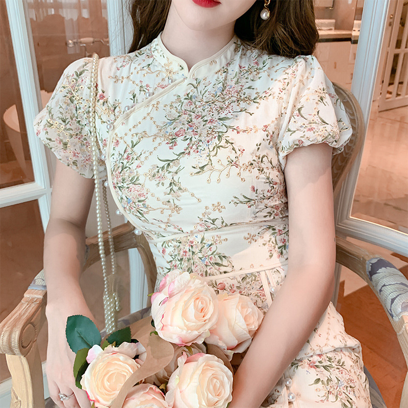 Đầm maxi nữ thêu hoa phong cách Trung Hoa mới, chất voan mềm mại — Màu mơ