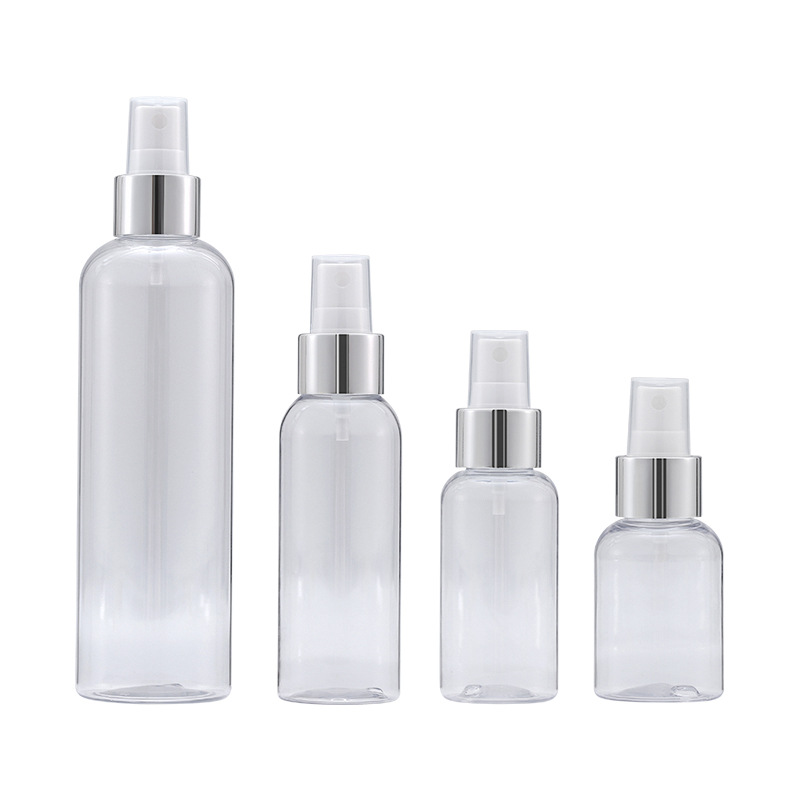 50-75ml botella de spray 100-250mlpet botella de spray de rocío puro transparente boquilla de plata brillante sub-botella Xumin material de embalaje