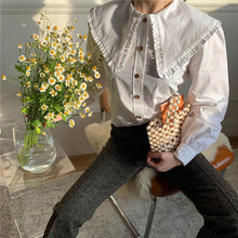 清仓森系大娃娃领显瘦减龄可爱棉衬衣女 泡泡袖白色花瓣领衬衫