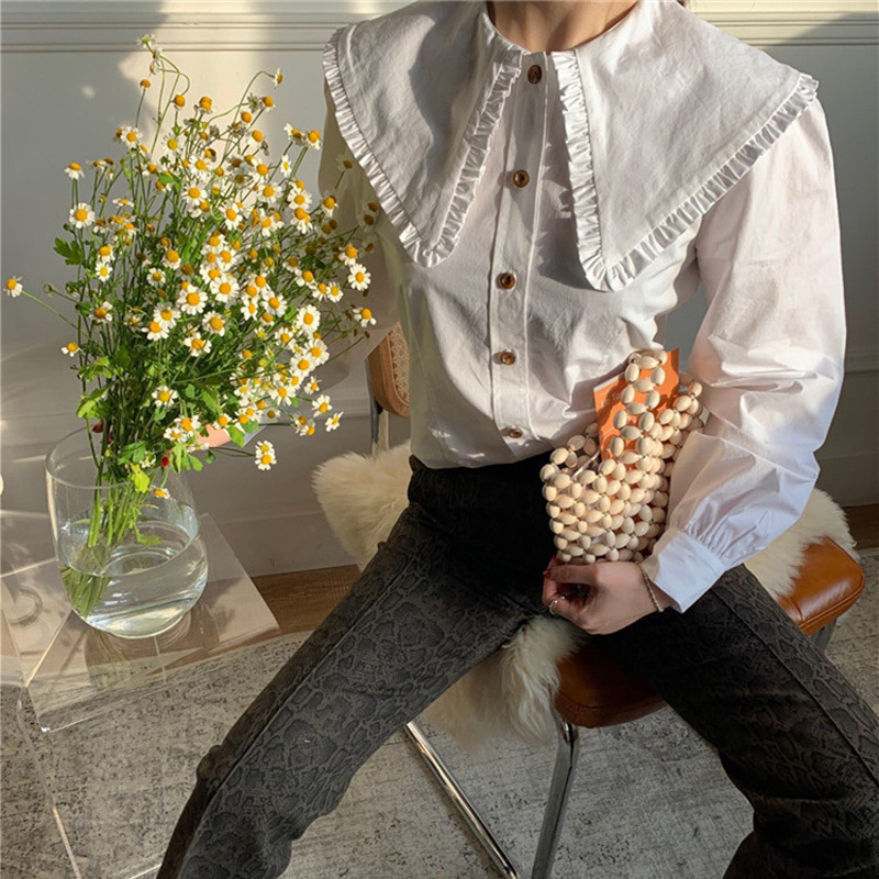 Special Offer: Forest-Style Large Doll Collar Slimming and Youthful Cute Cotton Shirt for Women, Puff Sleeve White Petal Collar Shirt