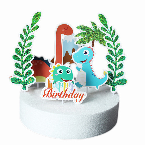 New cake insert, forest cute dinosaur volcano plastic sign, children's first birthday cake decoration insert