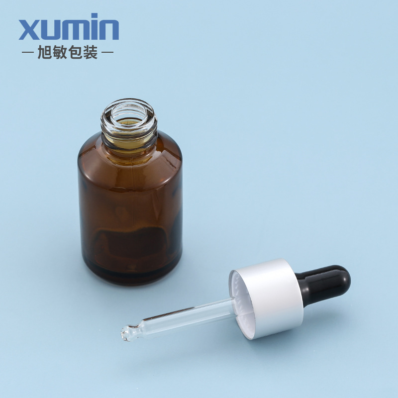 Botella de esencia de 30 ml, botella de vidrio marrón para líquidos, botella con gotero de goma negra, botella recargable, material de embalaje Xumin, líquido de esencia.