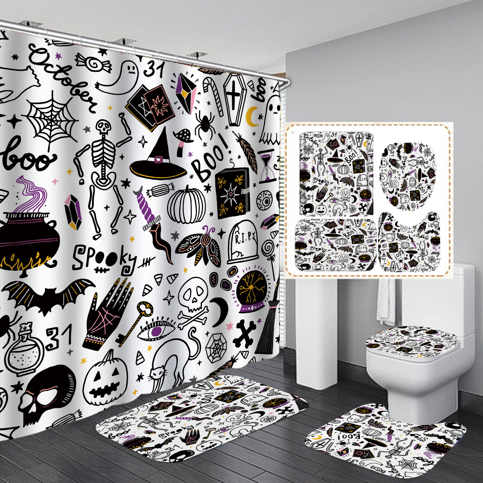 Suministro directo de fábrica transfronterizo e-commerce nueva cortina de ducha de baño de Halloween partición de baño Cortina de ducha fábrica al por mayor