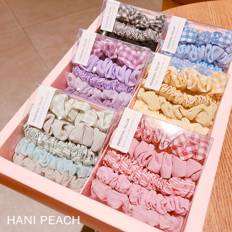8158 5-pieza grande intestino pelo banda Corea del Sur pequeño fresco Plaid rayas simple tela pelo banda cuerda de goma coreana