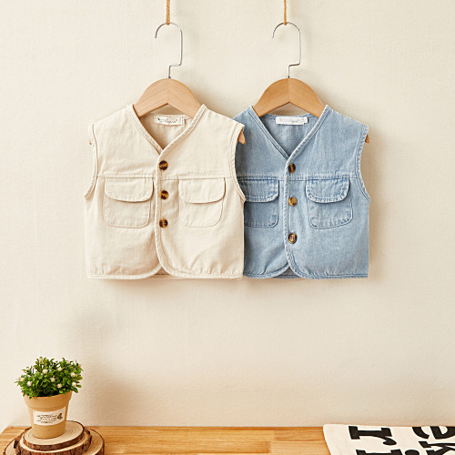 Spring and Autumn Infant Denim Vest Jacket Children's Sleeveless Vest Small and Medium-sized Baby Loose Waistcoat Korean Trend