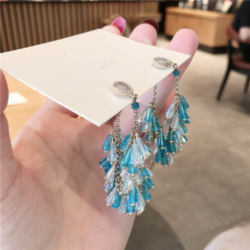 S925 Silver Needles Korean Version Personalized Dual-Color Crystal Maize Earrings with Bohemian Crystal Tassel Dual-Purpose Earrings