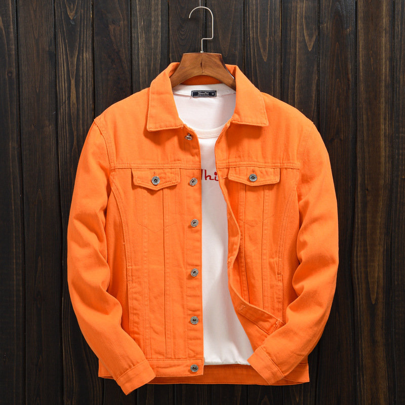 Trendy men's spring and autumn orange Orange Denim coat men's off-shoulder Hong Kong style plus size loose casual jacket top Trendy men's spring and autumn orange Orange Denim coat men's off-shoulder Hong Kong style plus size loose casual jacket top