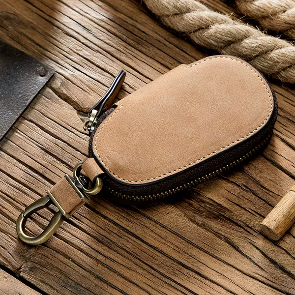 In-Stock Vintage Crazy Horse Leather Key Case, Multifunctional and Convenient Zipper-Style Genuine Leather Car Key Holder, Anti-Drop, Direct from Factory