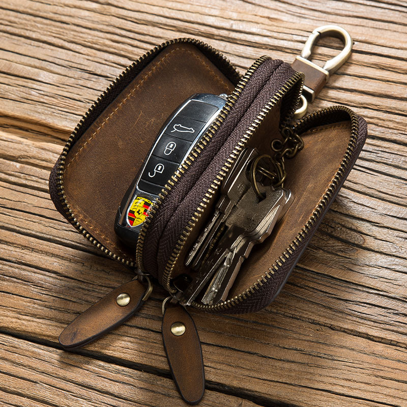 Foreign trade Crazy Horse leather key bag double zipper leather car key bag hook convenient anti-lost factory direct sales