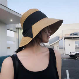 可折叠法式蝴蝶结复古草帽子女夏季度假沙滩帽大檐遮阳帽防晒帽