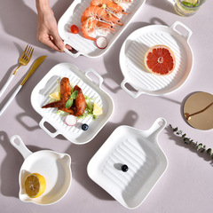 Nordic simple creative double-ear baking pan ceramic rectangular ins solid color baking single handle baking pan home wholesale