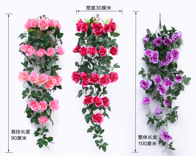 Artificial Rosa vid flor artificial ratán pared colgante pared decoración flor vid plástico cesta Planta artificial sala de estar