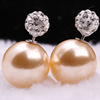 Earrings, double-sided accessory from pearl, Korean style, diamond encrusted, wholesale