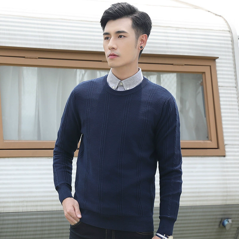 Осенний свитер с круглым вырезом, новый мужской однотонный жаккардовый свитер, приталенный Повседневный модный мужской свитер в Корейском стиле с длинными рукавами