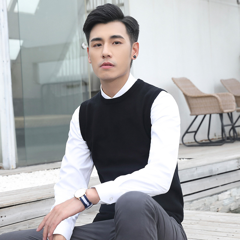 Autumn Thin Round Neck Vest Sweater Men's Solid Color Casual Sleeveless Sweater Fashionable Korean Style Youth Men's Vest