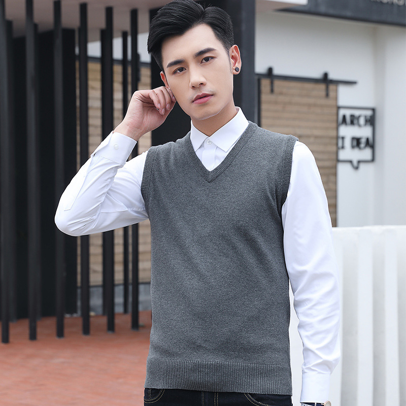 Autumn and Winter Woolen Vest V-neck Pullover Solid Color Sleeveless Business Knitted Vest Men's Slim-fit Cotton Waistcoat Sweater Autumn and Winter Woolen Vest V-neck Pullover Solid Color Sleeveless Business Knitted Vest Men's Slim-fit Cotton Waistcoat Sweater