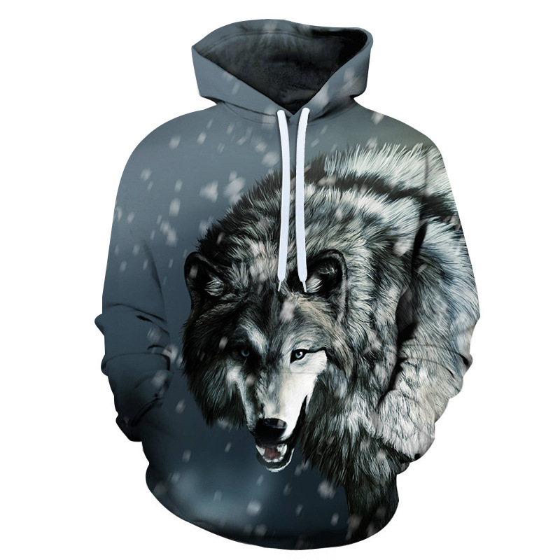 Foreign trade Spring and Autumn new animal blue red wolf tears 3D digital printing men's and women's casual pullover hooded sweater