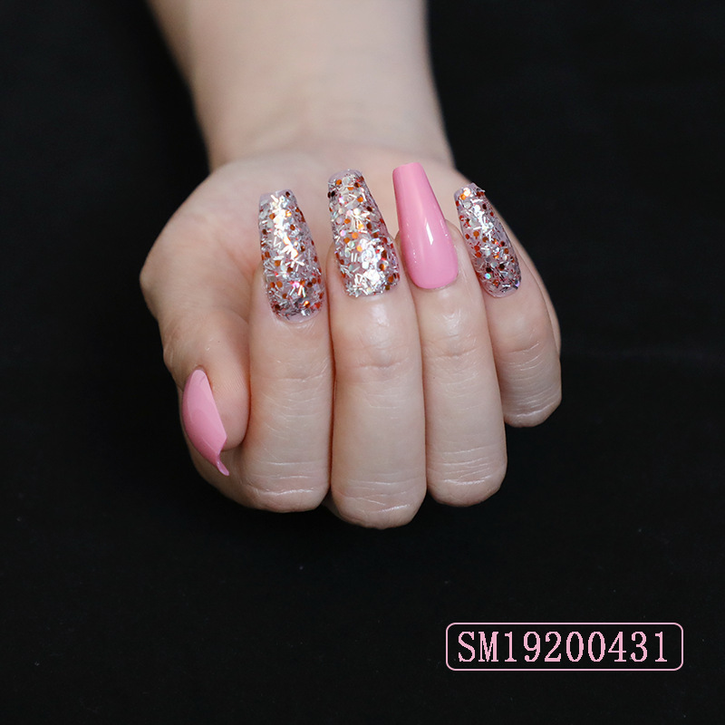 False Nails Ballet Pink Manicure Asymmetrical Sequin Fake Nail Patches Coffin-Shaped Nail Tips