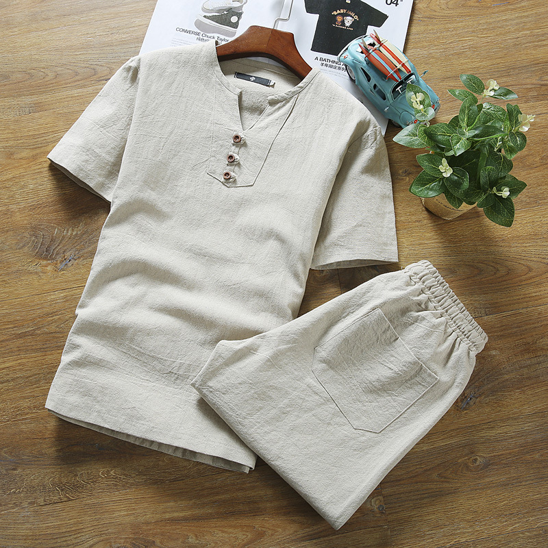 Comercio exterior 2020 verano hombres de lino casual más tamaño pantalones cortos de manga corta traje de algodón y lino de los hombres de color sólido camiseta camisa de fondo