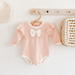 Ins Autumn/Winter 2023 Baby Girl Infant Butterfly Knot Long Sleeve Cardigan Bodysuit Diaper Cover Pajamas Crawling Suit
