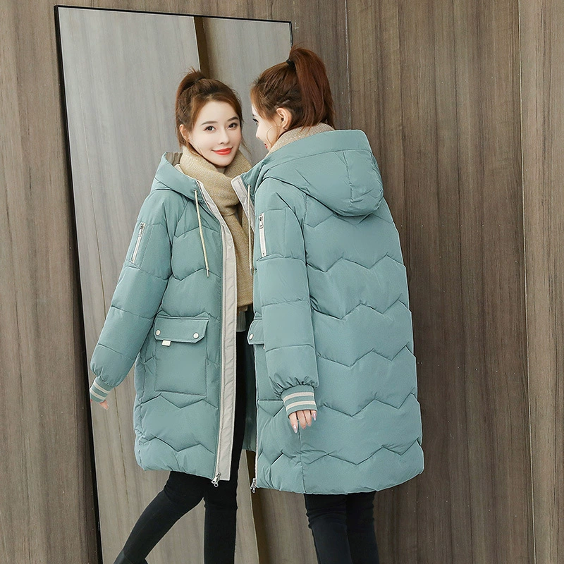 Long Down Jacket, Mid-Length, Korean Style, Extra Thick Padding for Warmth - Red/Green/Black
