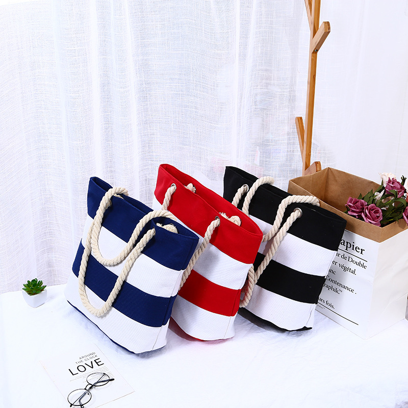 Cross-border Coarse Rope Striped Canvas Bag Women's Leisure Travel Shopping Practical Large Capacity Portable Canvas Bag