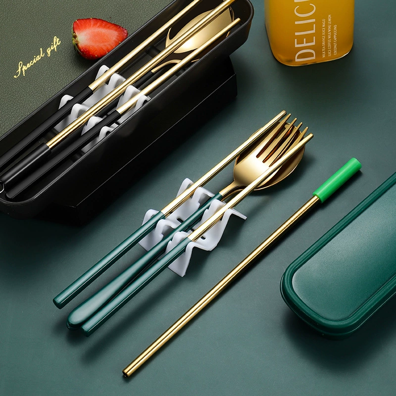 Handheld tableware stainless steel, Korean straw, creative set, 3 piece set, Birthday gift