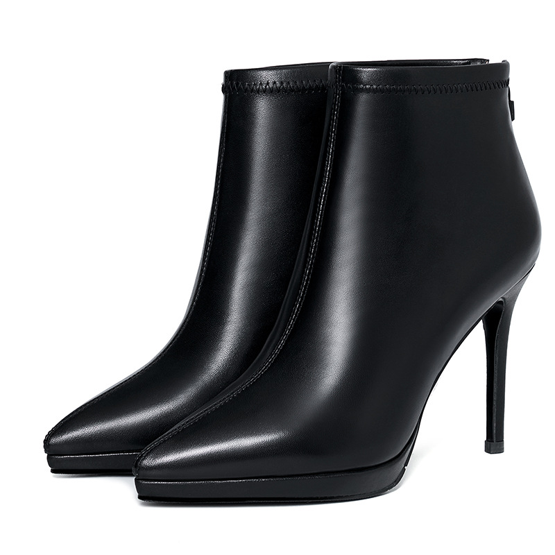 Boot cổ ngắn nữ da bò gót nhọn 10 cm mùa thu đông — Lớp lót nhung đen