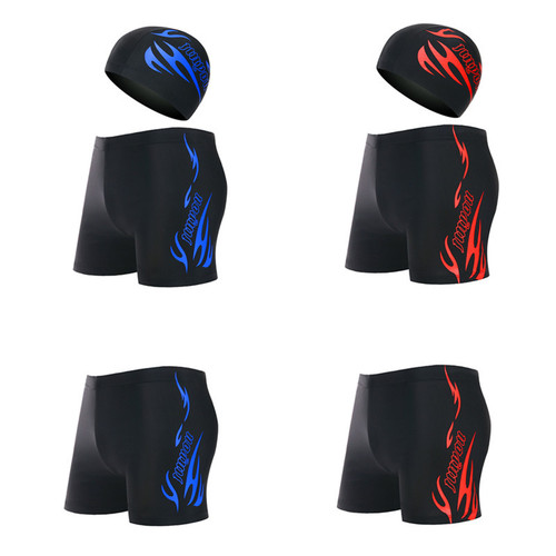 Swim Trunks Swim Cap Adult Set Wholesale Men's Professional Swimming Supplies Flame Print Straight Leg Swim Trunks Swimming Gear