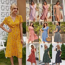 跨境热销wish亚马逊ebay新款2022夏季绑带修身雪纺碎花印花连衣裙