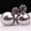 Earrings, double-sided accessory from pearl, Korean style, diamond encrusted, wholesale