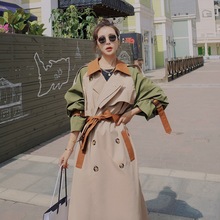 2022女式chic设计三色拼接翻领双排扣收腰系带中长款风衣外套女秋