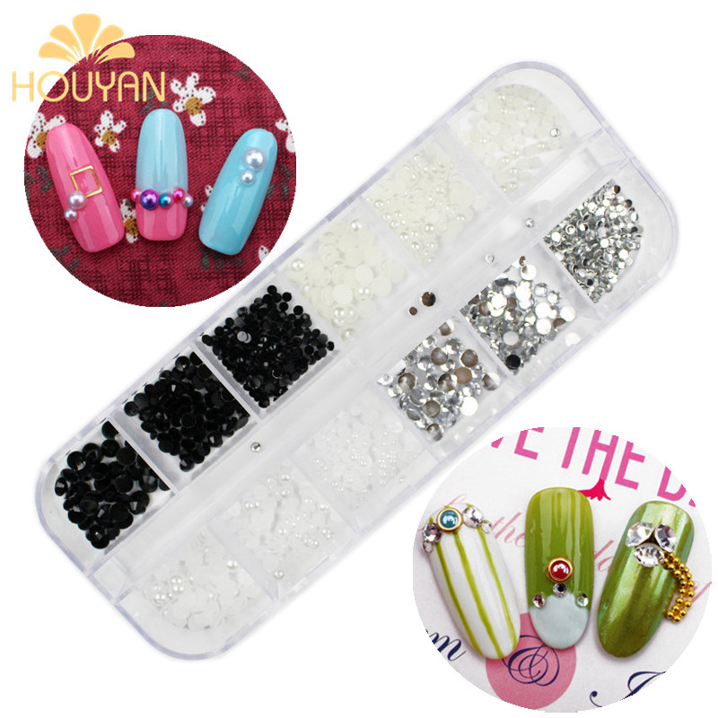 Nail jewelry black and white rhinestone flat 2/3/4mm White Pearl Japanese simple style 12-grid Diamond box set