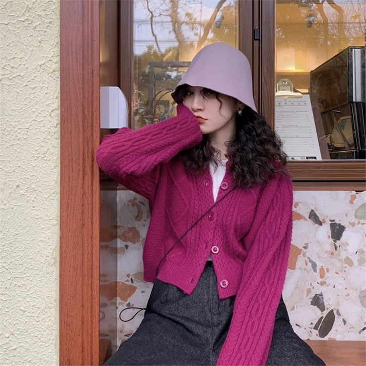 Sweater Outwear Women's Autum New Retro Twist Thick Wool Gentle Pure Color Lazy Style Thick Short Knitted Cardigan