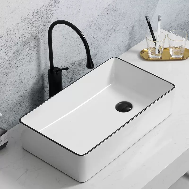 Lado izquierdo y derecho de la cuenca del asiento en el balcón lavadora lavabo de cerámica Cuenca del hogar borde negro lavabo