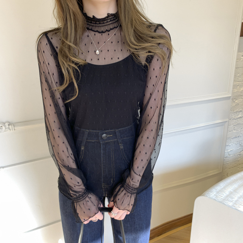 女性用ハーフタートルネックレイヤードレースボトムシャツ、水玉模様の春と秋の新作レディース長袖スタイルメッシュトップ