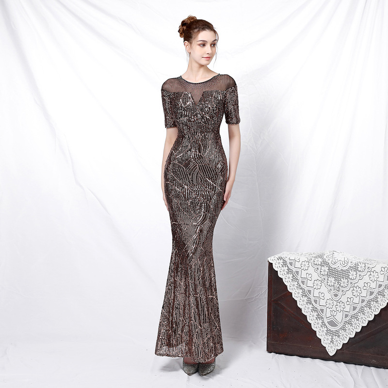 18123 # New Banquet Style Elegant Long Mid-Sleeve Sequined Queen Fishtail Evening Dress