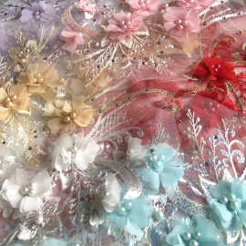 新款雪纺立体花朵钉珠钻网纱刺绣布贴蕾丝补丁衣汉服装饰辅料DIY