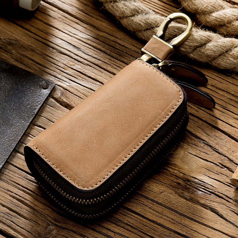 Retro Crazy Horse Leather Key Bag Multifunctional Hook Convenient Double Zipper Car Leather Key Bag Factory Outlet