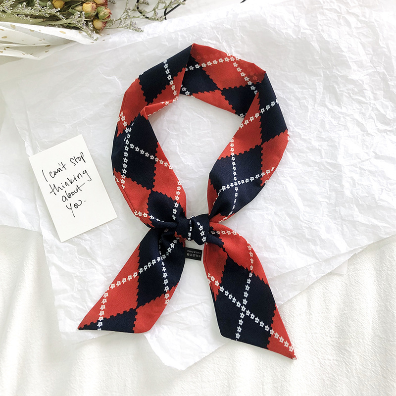 Primavera y otoño coreano bufandas de seda estrechas de decoración de banda larga impresión de seda simulada bufandas de ángulo agudo al por mayor en stock