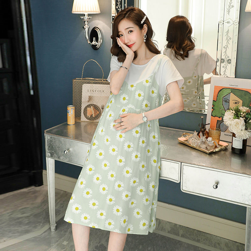 Pregnant women's dress, new fashion plus-size women's clothing, summer outfit for fat sisters, trendy, stylish mother, fashion influencer, two-piece fake dress