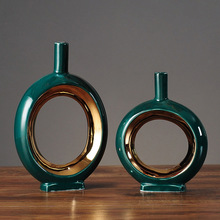 陶瓷电镀花瓶墨绿工艺品厂家批发创意客厅新中式插花干花餐桌摆设