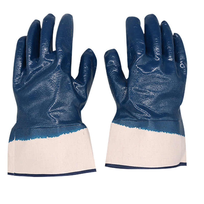Inmersión grande boca ancha lona azul nitrilo guantes de trabajo a prueba de aceite pegamento colgando adhesivo nitrilo guantes de trabajo resistentes al desgaste