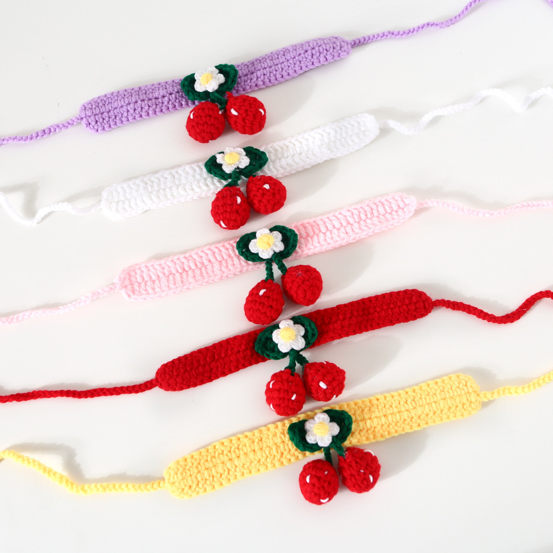 Mascotas ganchillo a mano lana cereza gatos perros collar ajustable accesorios collar flores trenzado