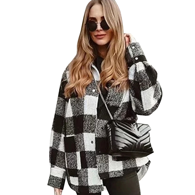 Abrigo de Lana Estilo Camisa para Mujer de Poliéster, Estampado a Cuadros, Monopecho para Otoño e Invierno