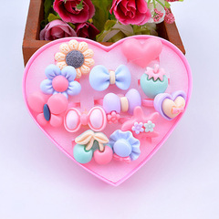 New Product Ring Box Cartoon Frosted Ring Set Children's Resin Plastic Ring 12 Pieces Heart Box Set