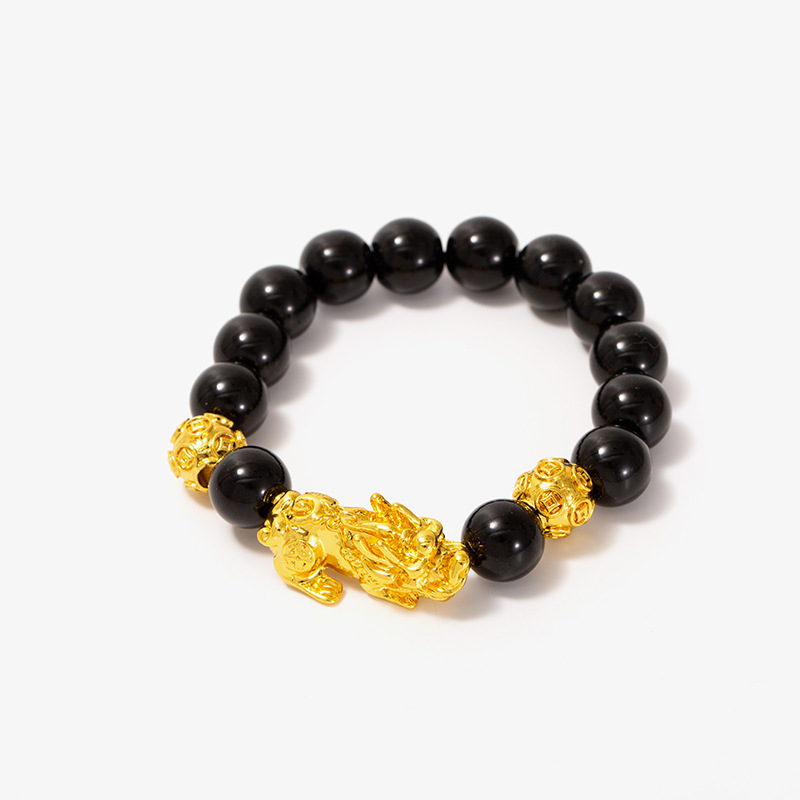 Imitación obsidiana pulsera chapada en oro mantra de seis palabras que preservan el color pulsera de cuentas de oro joyería de la suerte para los hombres